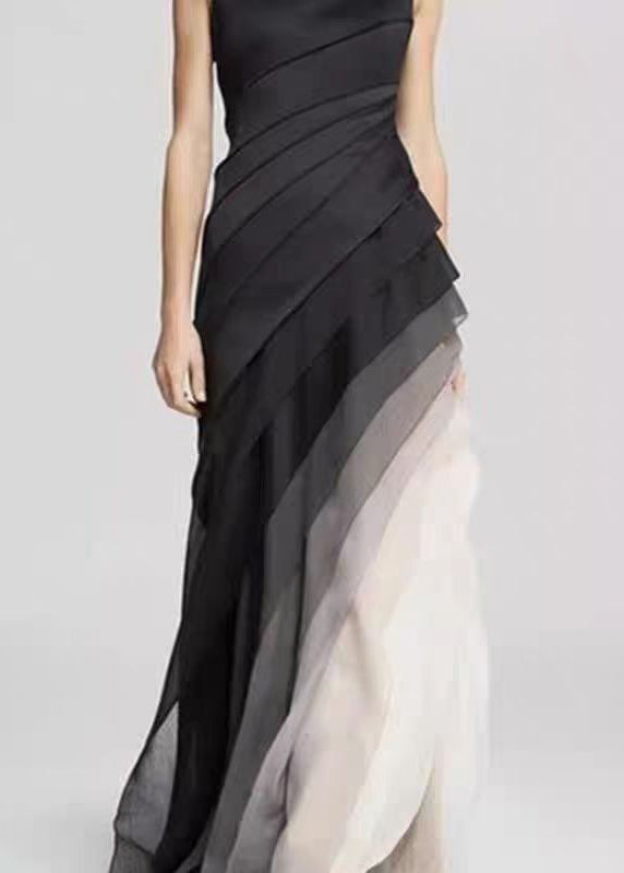 French Black High Waist Patchwork Tulle Maxi Dresses Sleeveless Summer
