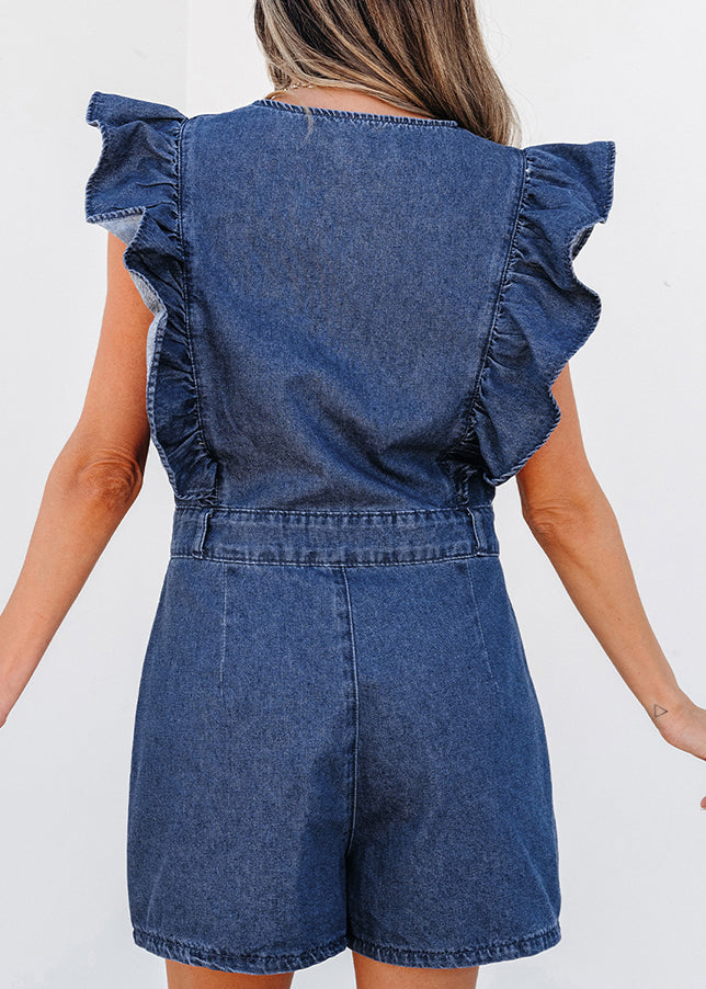Stylish Navy O-neck Ruffled Zippered Denim Jumpsuit Short Sleeve Fall