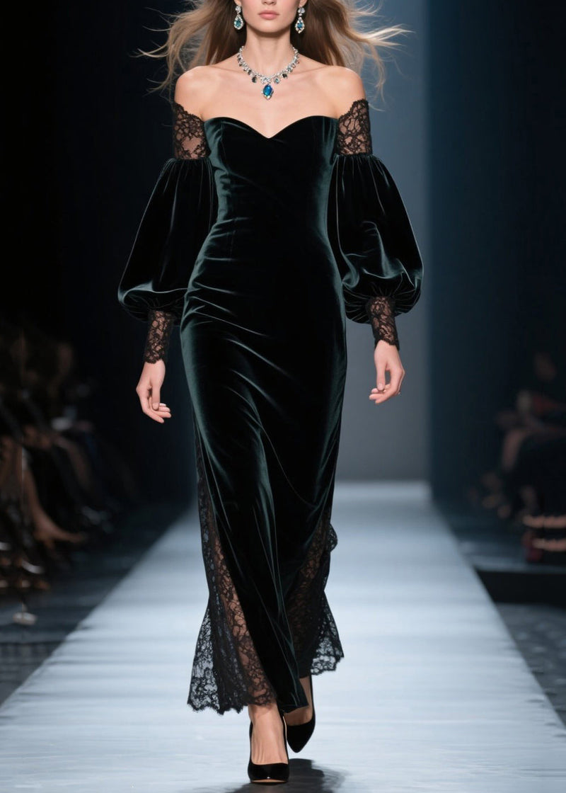 Blackish Green Cold Shoulder Lace Patchwork Velvet Dresses Fall