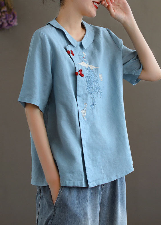 Blue Oriental Linen Shirts Button Short Sleeve