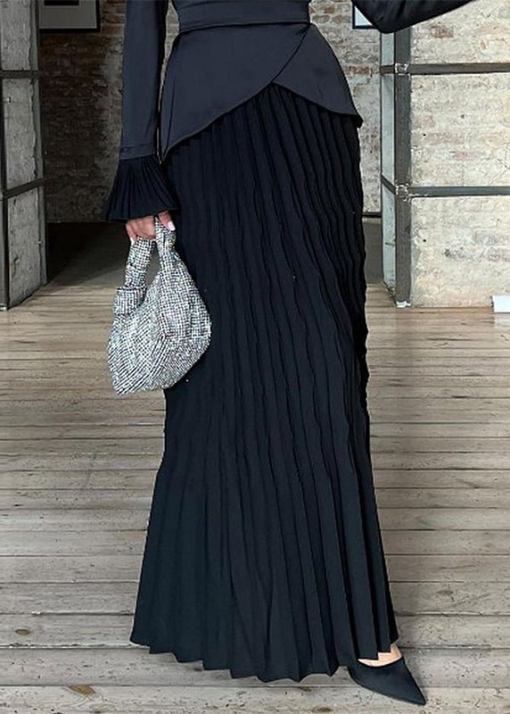 Black Wrinkled Patchwork Silk Long Dress Fall