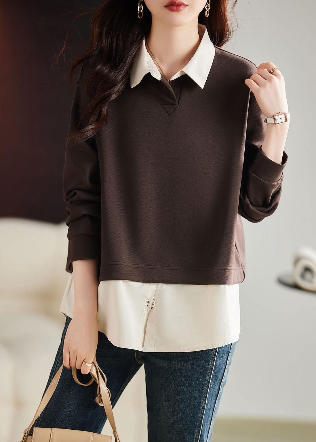 Coffee Peter Pan Collar Patchwork Fake Two Pieces Pullover Long Sleeve