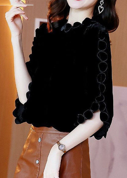 Black O-neck Color Original Design Velour Shirt Top Flare Sleeve
