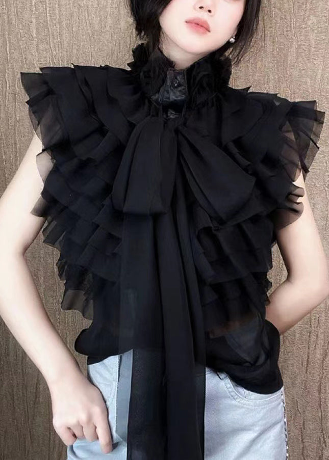 Black Layered Ruffled Stand Collar Bow Shirts Summer