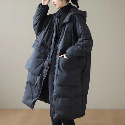 Green Hooded Zippered Pockets Winter Down Coat Long Sleeve