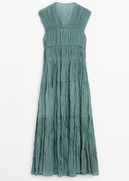 Blue V Neck Wrinkled Lace Up Cotton Long Dresses Summer