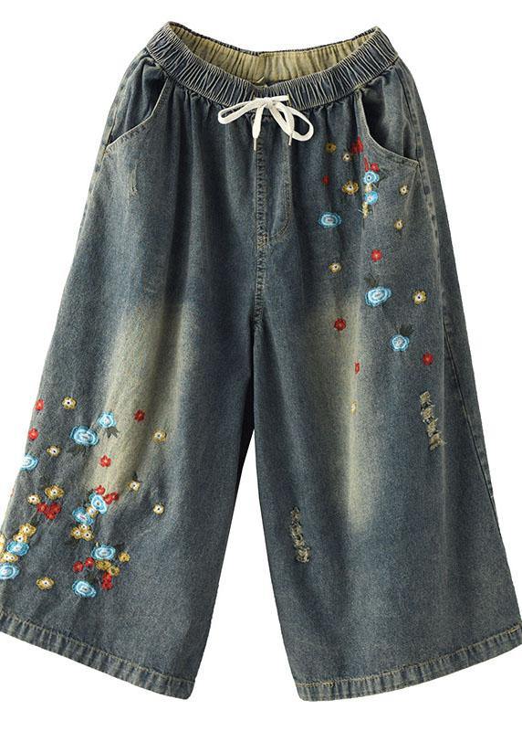 Comfy Dark Color Embroideried Hole Wide Leg Denim Pants