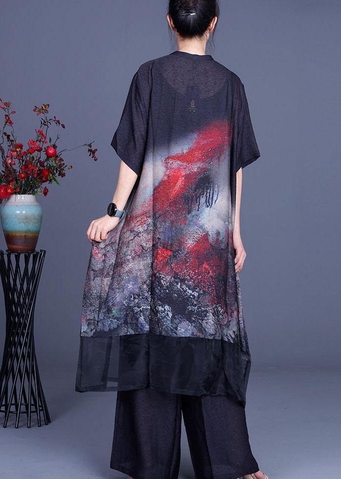 Black Print Cardigan + Wide Leg Pants Two Piece Set Summer