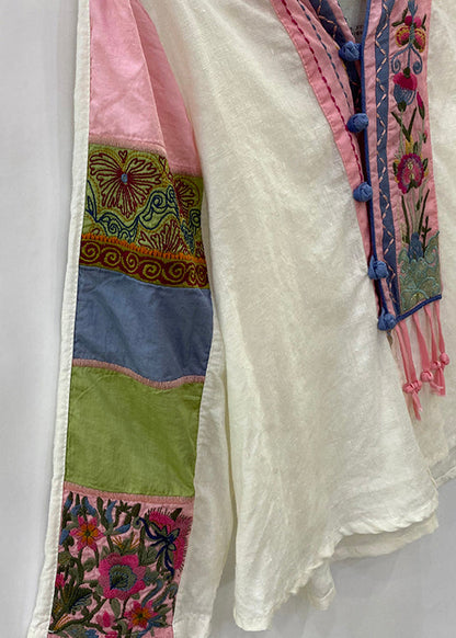 Art White V Neck Embroideried Button Linen Top Long Sleeve