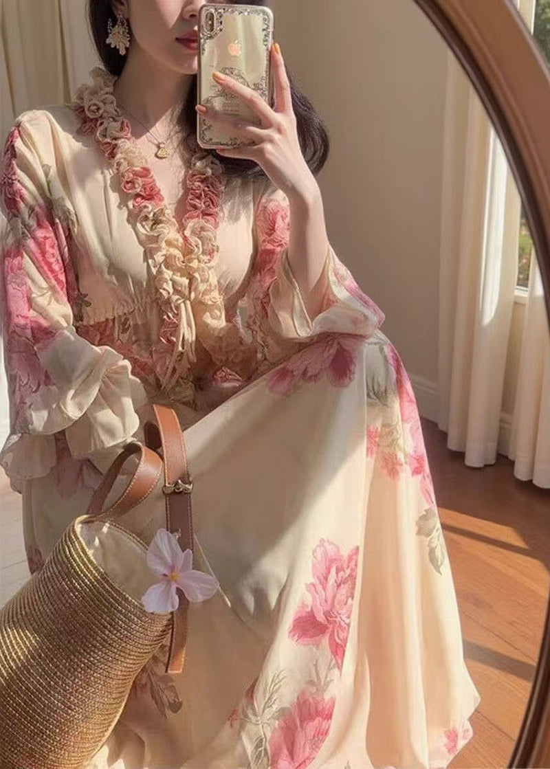 Apricot Ruffled Print Chiffon Two Pieces Set Spring