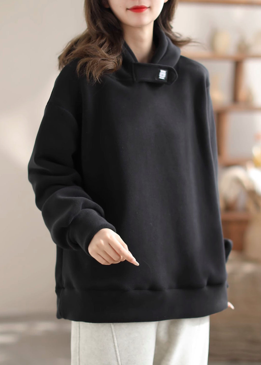 Loose Red Faux Suede Hooded Sweatshirt Spring