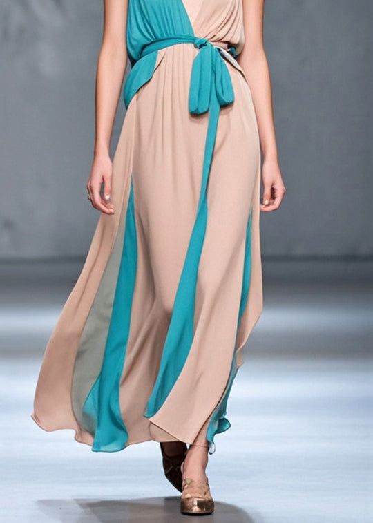 Nude Asymmetrical Patchwork Chiffon Maxi Dress Summer