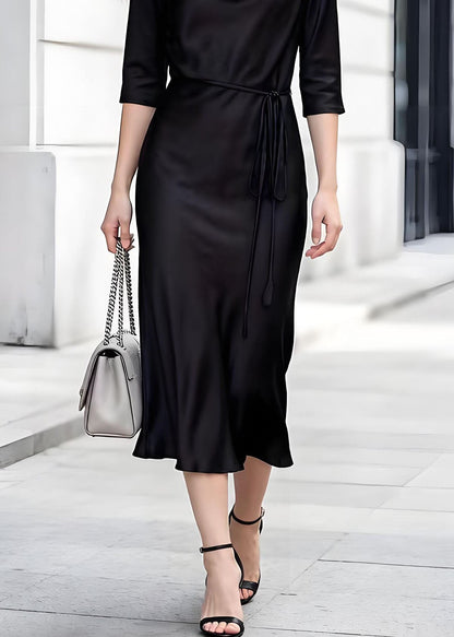 Black Turtle Neck Lace Up Silk Dress Summer