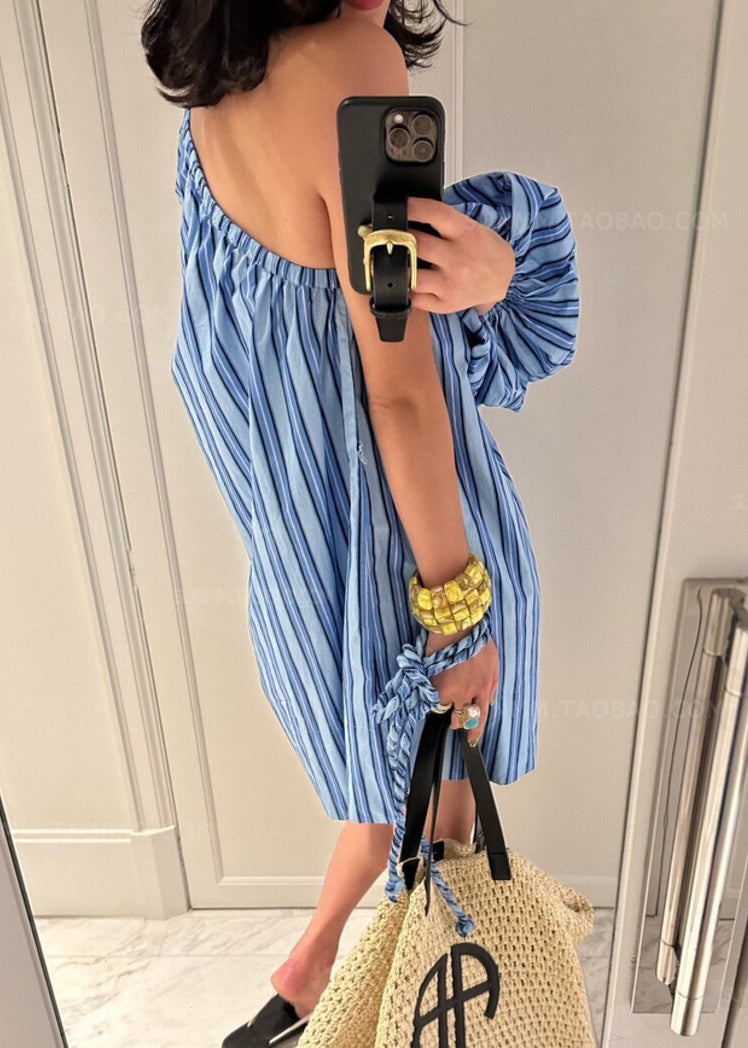 Blue Asymmetrical Striped Cotton Mid Dress Long Sleeve