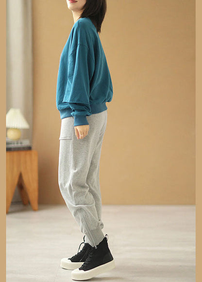 Blue Loose O-neck Print Fall Sweatshirts Top