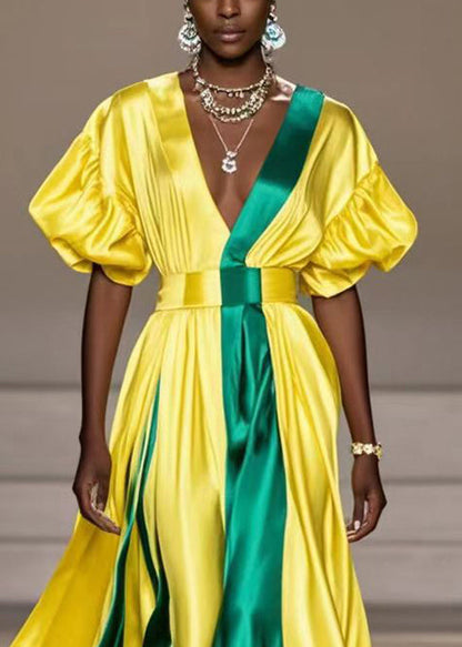 French Yellow Cinched Patchwork Exra Large Hem Silk Maxi Dresses Summer