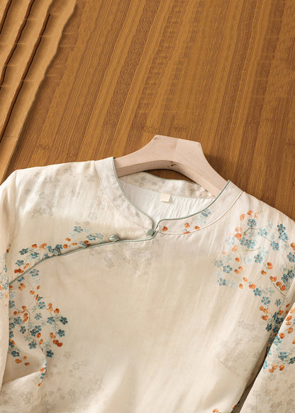 Apricot Stand Collar Print Cotton Shirt Half Sleeve