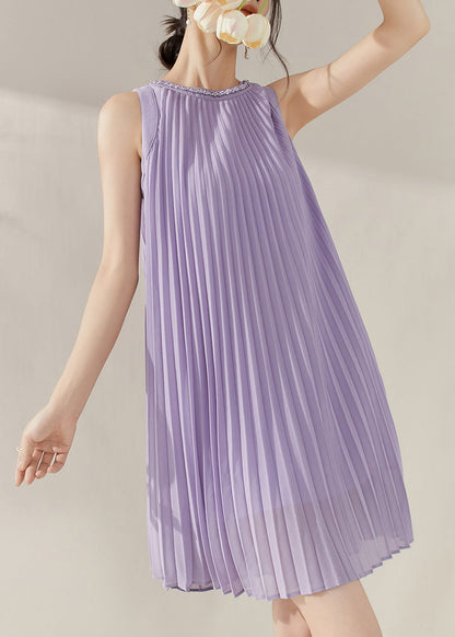 Purple O-neck Wrinkled Chiffon Mid Dress Summer