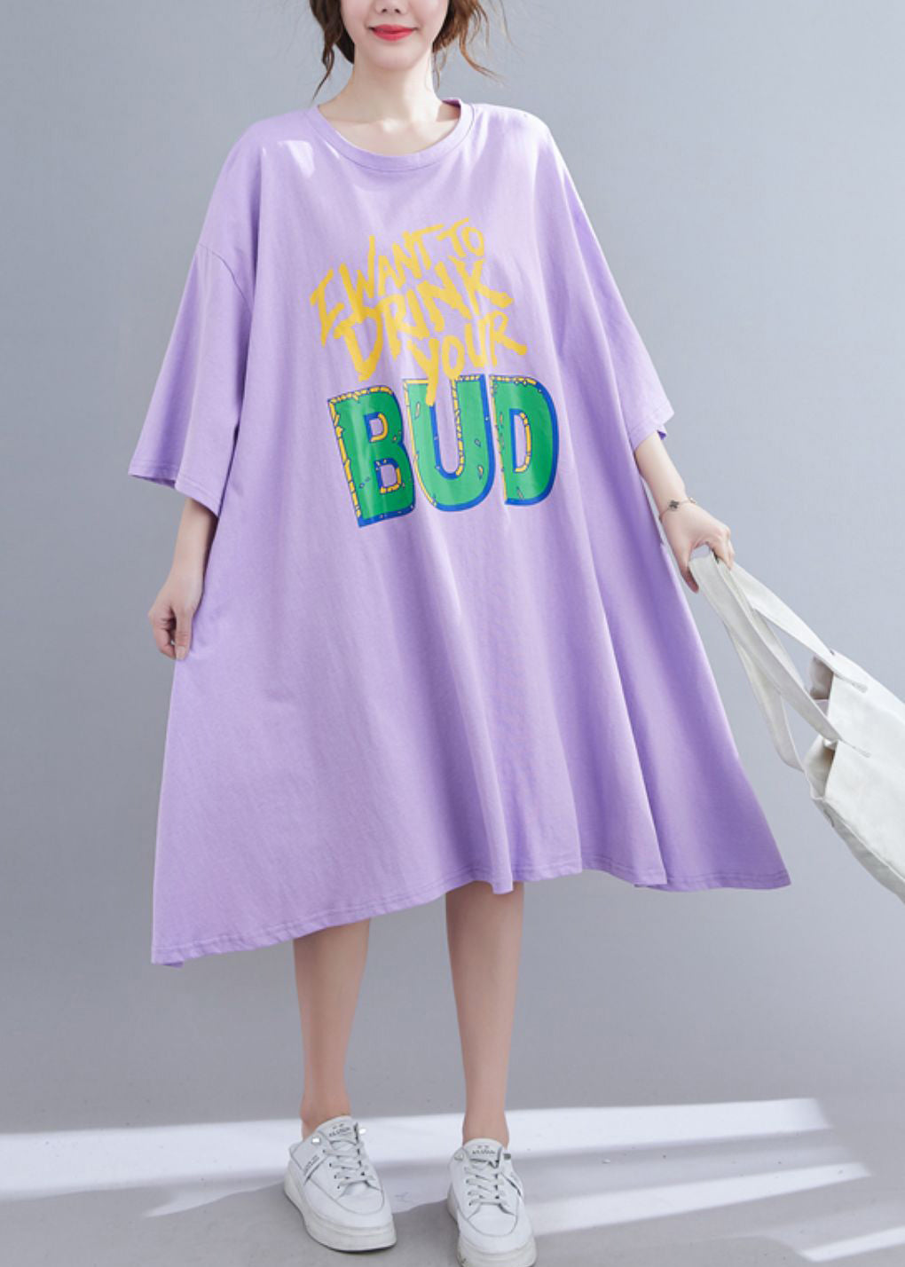 Purple O-neck Long Dress Long Sleeve