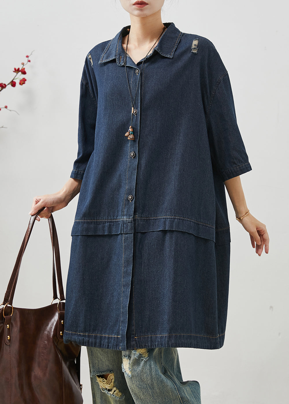 Unique Navy Oversized Patchwork Denim Ripped Coat Outwear Fall