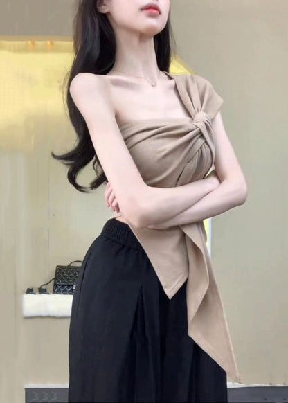 Khaki Asymmetrical One Shoulder Cotton T Shirt Sleeveless