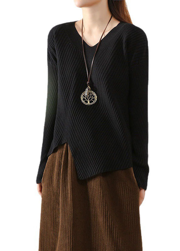 Stylish Apricot V Neck Asymmetrical Design Fall Knit Sweaters