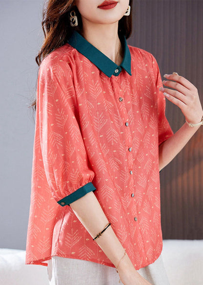 Red Peter Pan Collar Print Patchwork Linen Shirts Top Summer