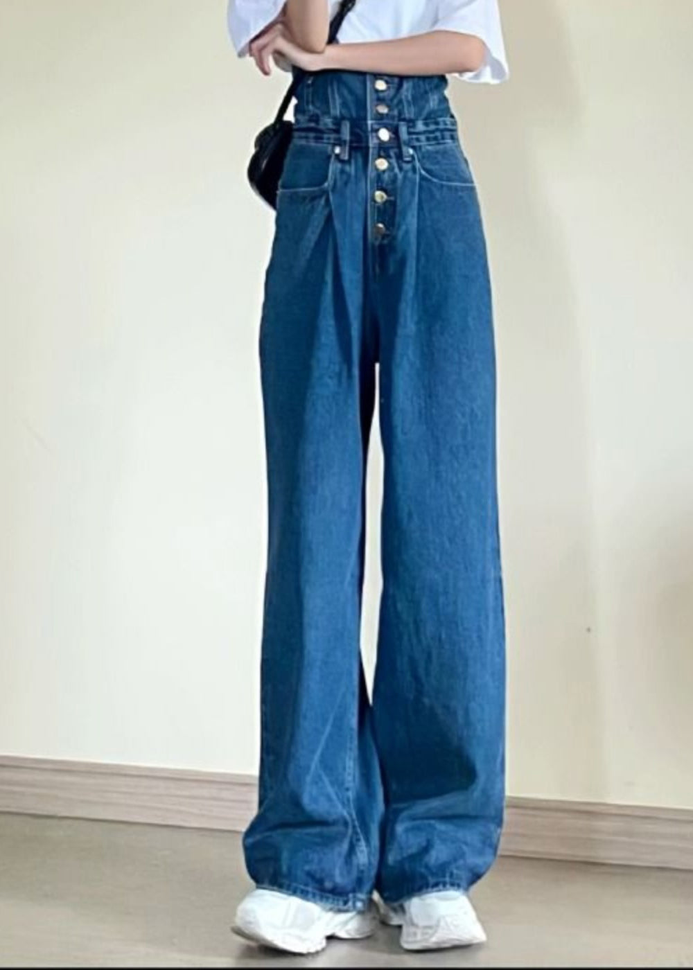 Blue High Waist Pockets Patchwork Straight Jeans Fall