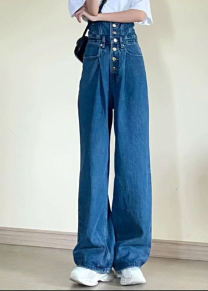 Blue High Waist Pockets Patchwork Straight Jeans Fall