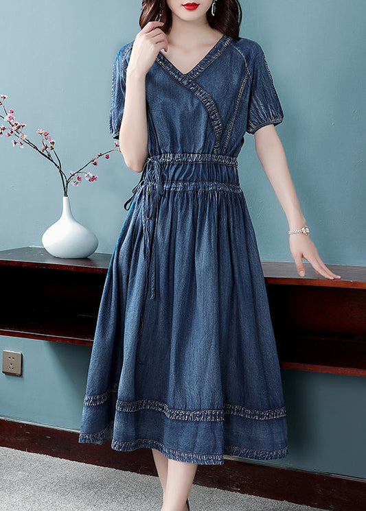 Blue Cinched V Neck Cotton Denim Dress Short Sleeve