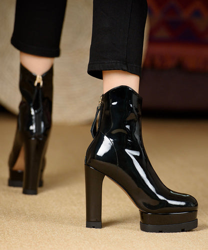 European and American Style High Heel Ankle Boots Black Cowhide Lacquer Leather