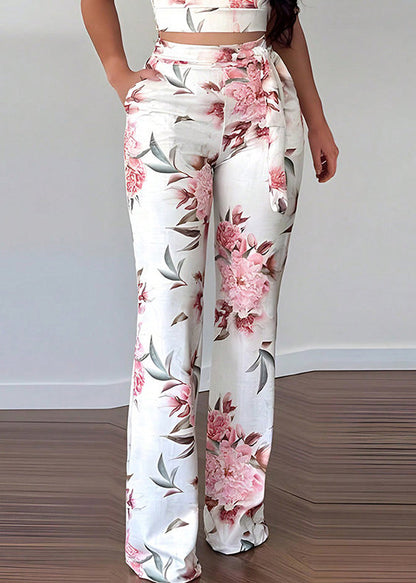 Slim Fit Pink Print Lace Up Tank and Pants Cotton Two Pieces Set Sleeveless