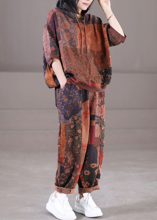 Chocolate Hooded Drawstring Print Linen Tops and Pants Two Pieces Set Summer