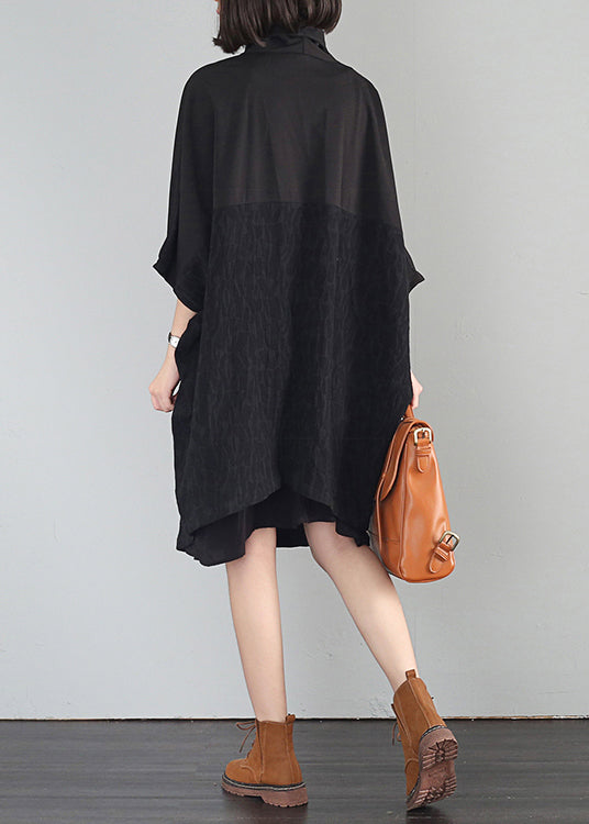 Black Oversized Patchwork Linen Vacation Dresses Summer