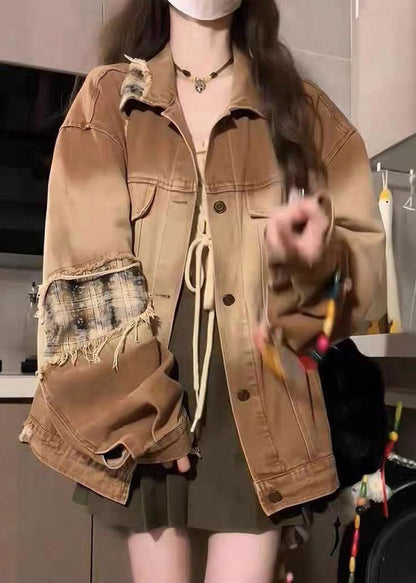 Khaki Peter Pan Collar Pockets Patchwork Patch Denim Coat Lantern Sleeve