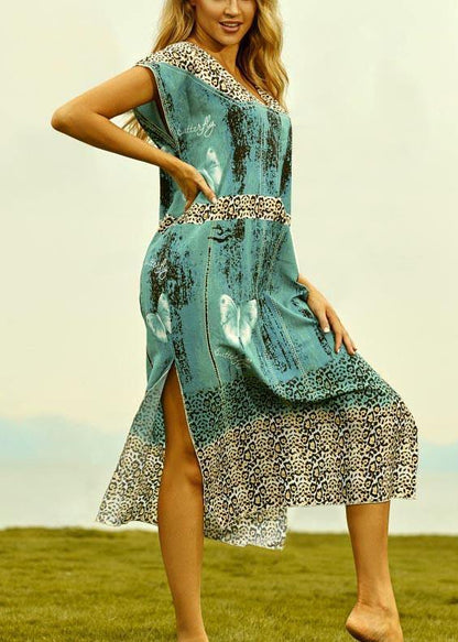 Green Leopard V Neck Side Open Kimono Robe Maxi Dresses