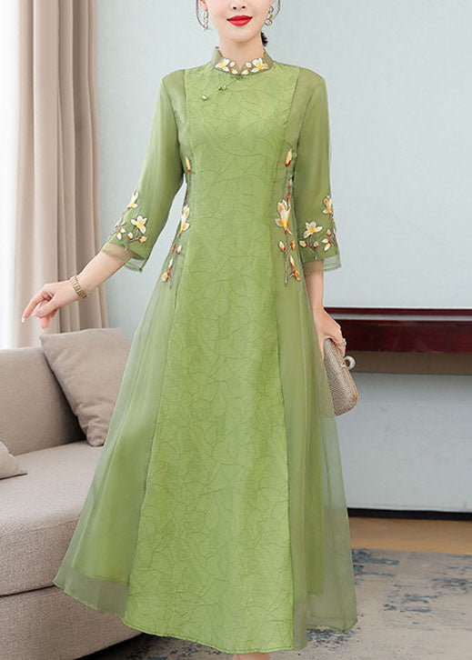 Chinese Style Green Ruffled Embroideried Patchwork Chiffon Dresses Bracelet Sleeve Summer