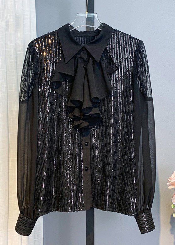 Pink Bow Sequins Patchwork Chiffon Blouses Long Sleeve
