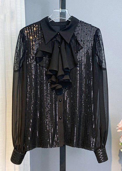 Pink Bow Sequins Patchwork Chiffon Blouses Long Sleeve