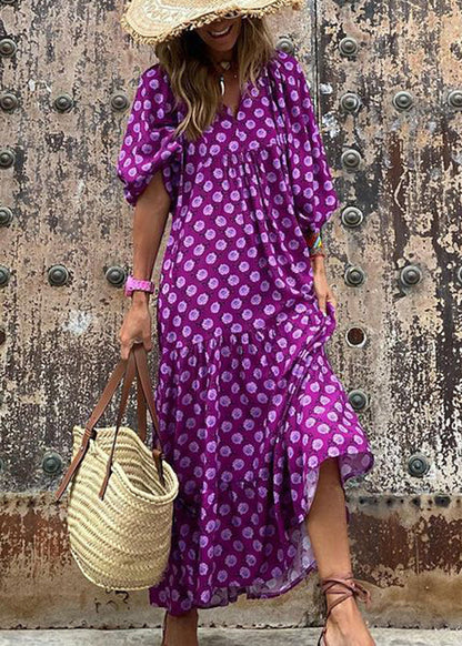 Green V Neck Print Cotton Long Dresses Puff Sleeve