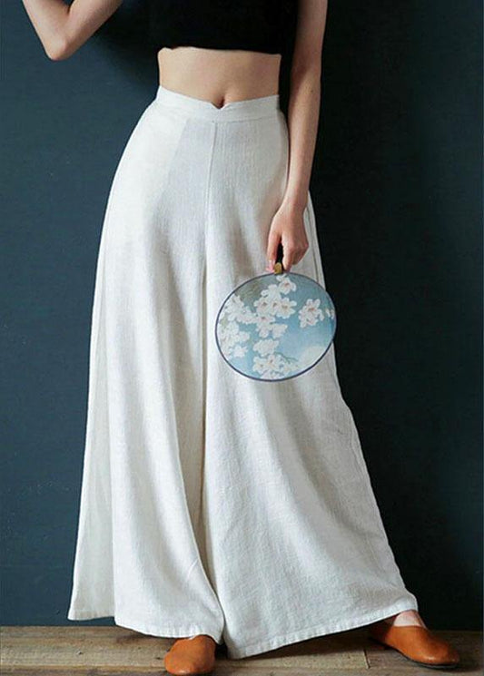 Cotton Back Elastic Waist Loose Wide Leg Pants With Side Pockets