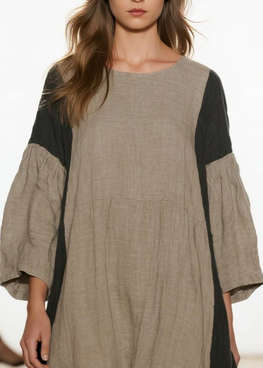 Grey Oversized Patchwork Linen Vacation Dresses Bracelet Sleeve