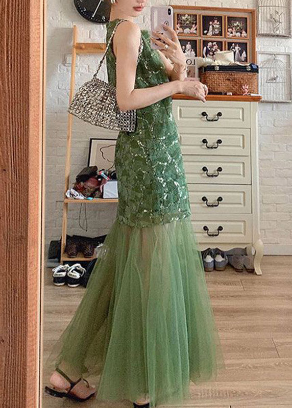 Green O-neck Patchwork Tulle Vacation Maxi Dresses Sleeveless