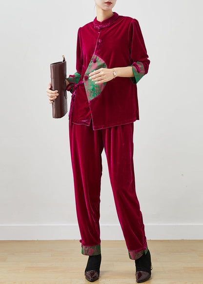 Rose Tie Waist Patchwork Silk Velour Two Pieces Set Spring