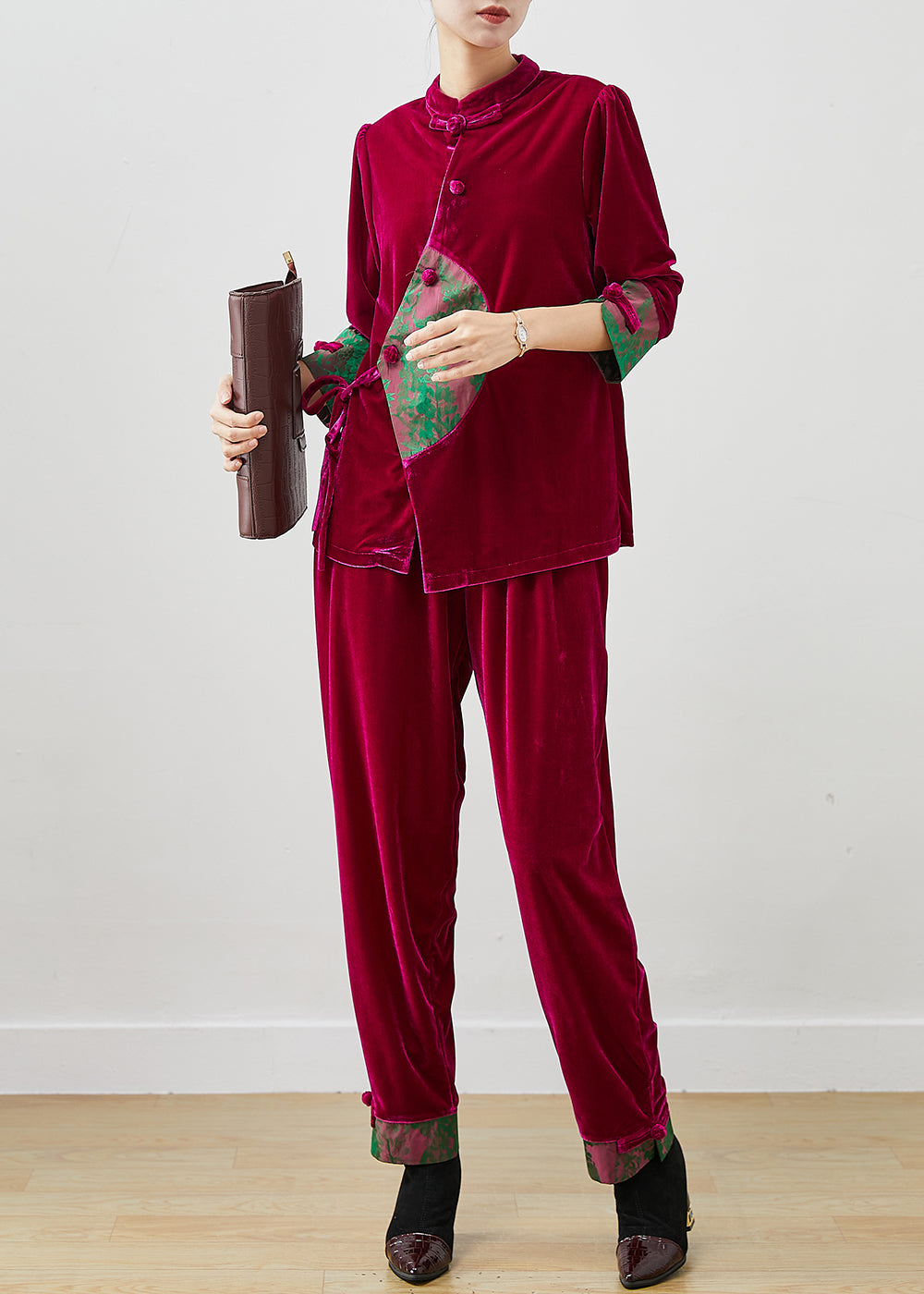 Rose Tie Waist Patchwork Silk Velour Two Pieces Set Spring