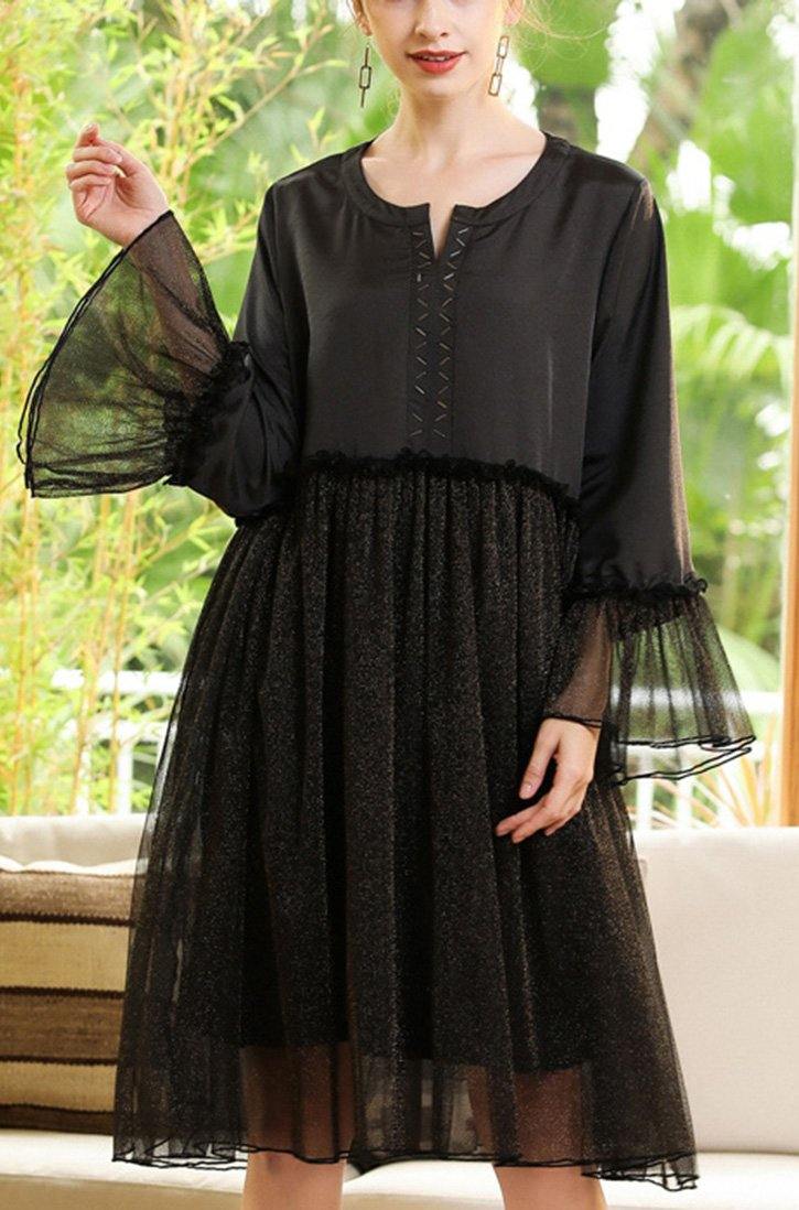 Black Flare Sleeve Chiffon Patchwork Summer Dress