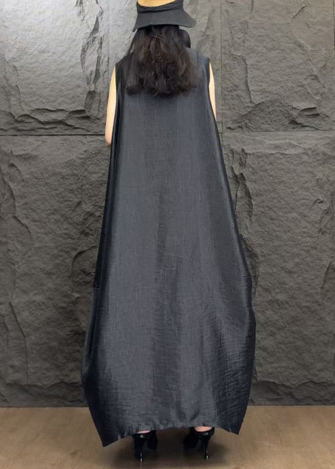 Black Patchwork Silk Long Dresses Turtleneck Summer