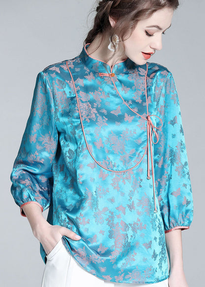 Blue Stand Collar Patchwork Jacquard Silk Blouse Tops Spring
