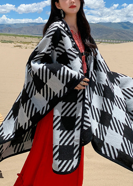 Black White Plaid V Neck Cashmere Cardigan Long Sleeve