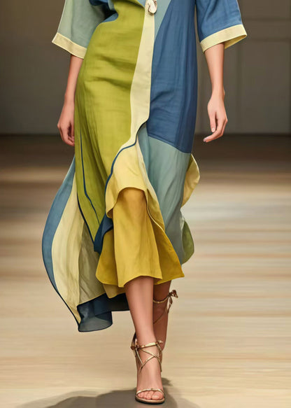 Colorblock Asymmetrical Patchwork Cotton Long Dress Summer